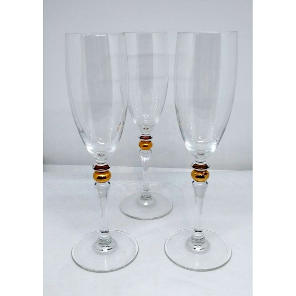 3 Champagne Flutes Cortina Gold Wafer in Stem by Cristal D'Arques-Durand